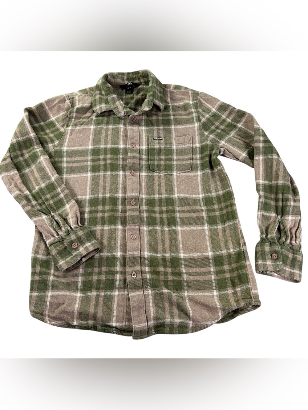 Volcom Leland Flannel Shirt Men’s S Khaki Olive Plaid 100% Cotton Skater Surfer